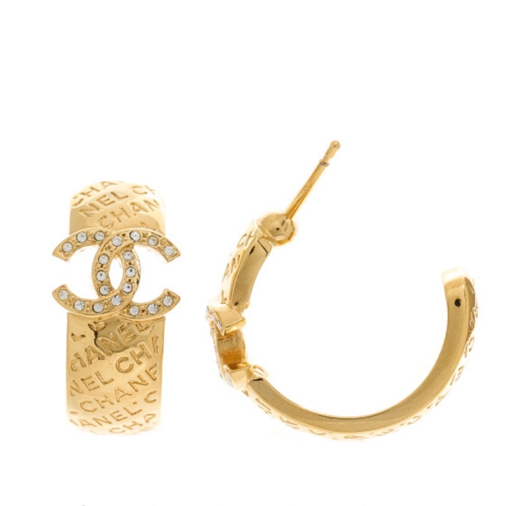 CHANEL Metal Crystal CC Logo Hoop Earrings Gold